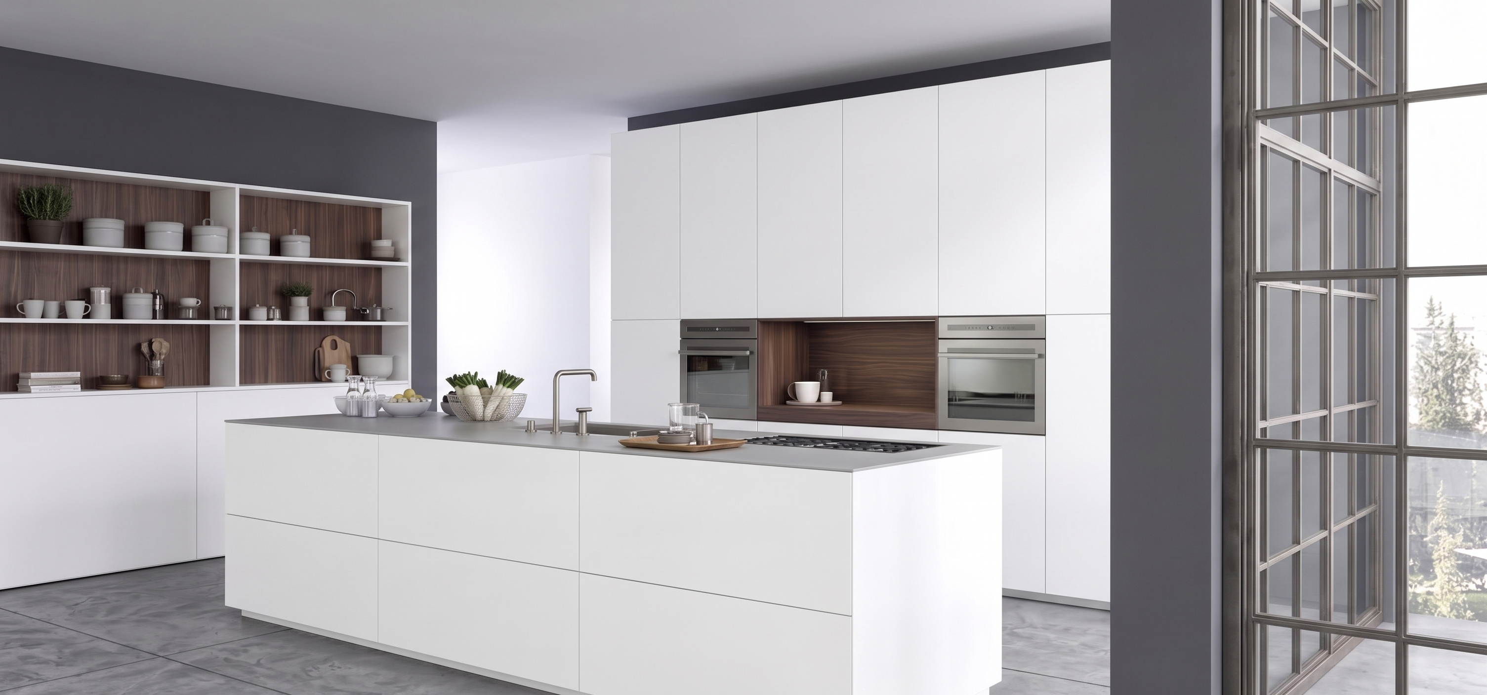 Achroma kitchen — open shelving and integrated ovens